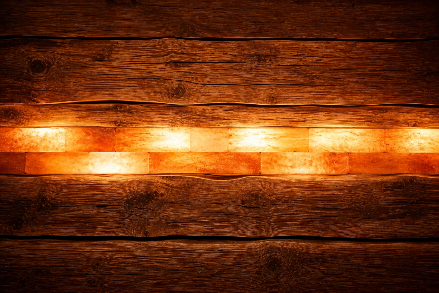 Glühende Salzsteine zwischen dunklen Holzbalken, warm von hinten beleuchtet